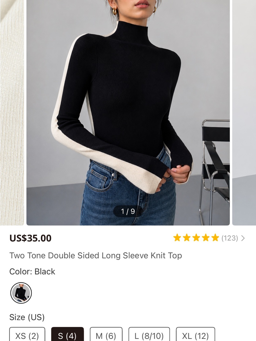 Commense Black Turtleneck Sweater with Cream Sleeve Stripe